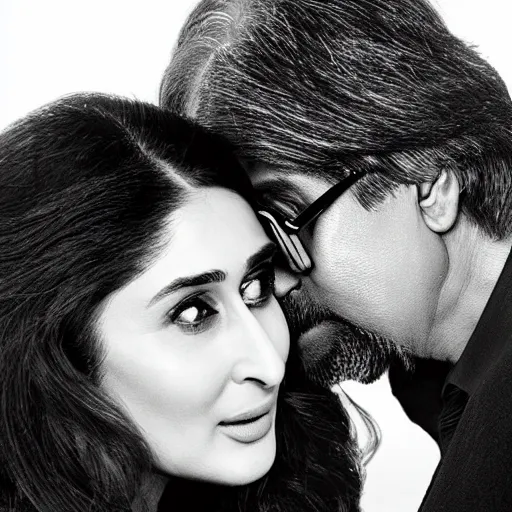 Image similar to closeup of kareena kapoor and amitabh bachchan kissing, natural lighting, hyper detailed, 1 0 0 mm, photographic, cinematic lighting, studio quality.