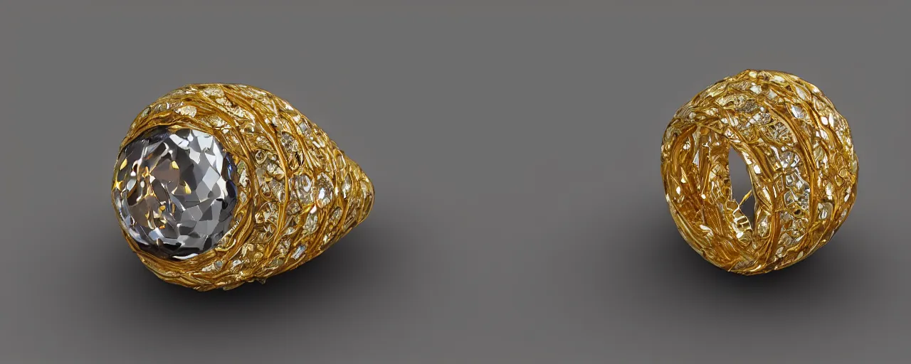Image similar to simple golden magic crystal ring, gold, smooth, crystal, engravings, diamonds, product design, jewelry, colorful, art by gerald brom, greg rutkowski and artgerm, photo realism, unreal engine, c 4 d