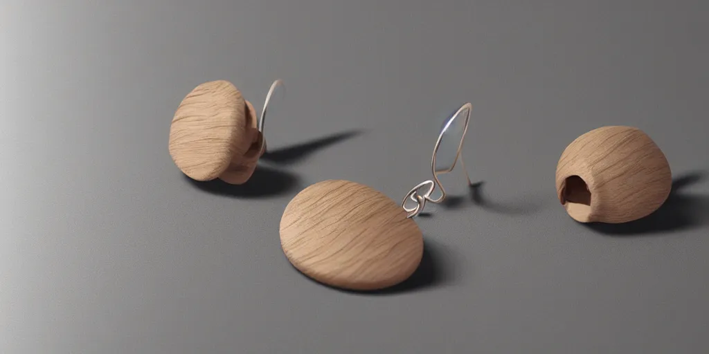 Image similar to earring design, jewelry design, wood, nordic, material, product design, trending on artstation, cgsociety, photo realistic, design by ziva cph and isabel lennse, 8 k, unreal engine, c 4 d