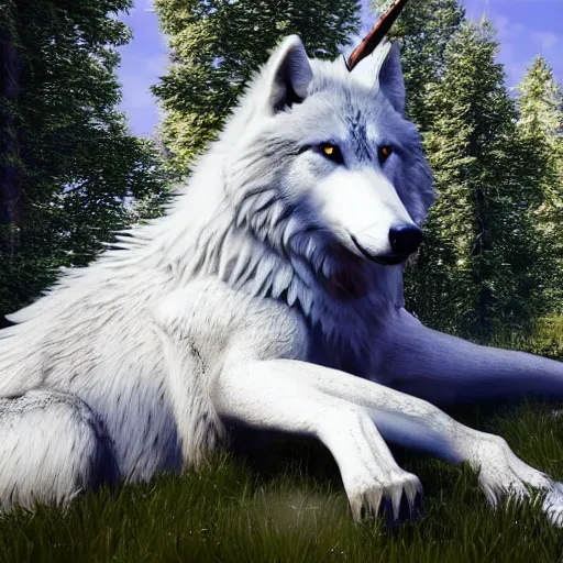 Prompt: a giant grey wolf with a white main and two unicorn horns on its head, a white star shape on his four head, yellow eyes, beautiful, ultra realistic, great wolf, unreal engine 5, dynamic lighting, highly detailed, lightning around