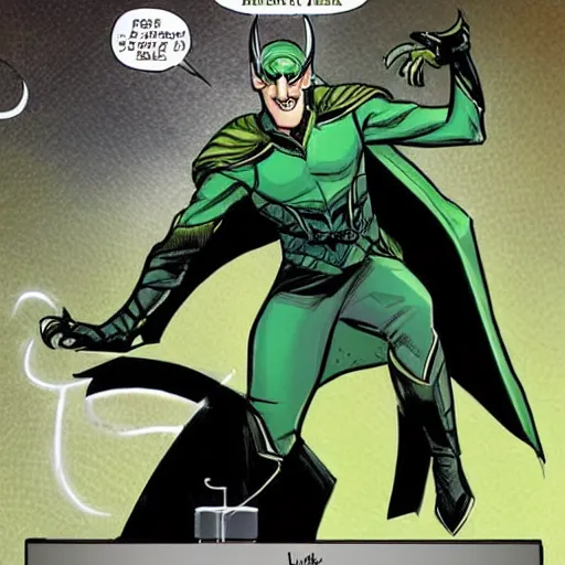 Image similar to this illustration is concept art for the comic book character of loki, the norse god of mischief with an amused expression. drawn by lee garbett, color artist by nolan woodard, and written by al ewing.