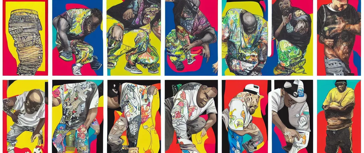 Image similar to evolution timeline from hip hop pants - aesthetic, smooth painting, each individual seeds have ultra high detailed, 4 k, illustration, comical, acrylic paint style, pencil style, torn cosmo magazine style, pop art style, ultra realistic, underrated, by mike swiderek, jorge lacera, ben lo, tyler west