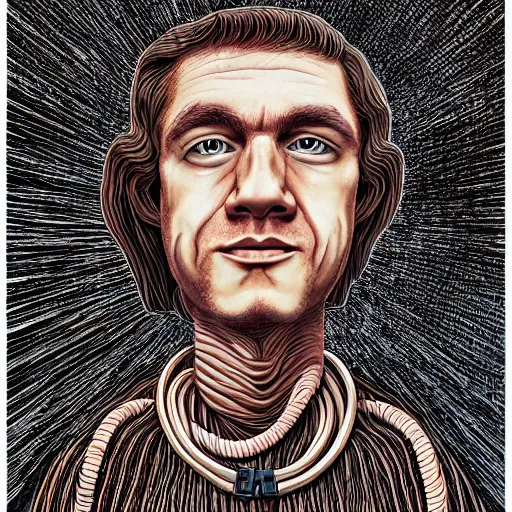 Image similar to alex ondra, climbing rope hair, portrait, style alex gray, style dan hillier, dmt background, hyperrealistic