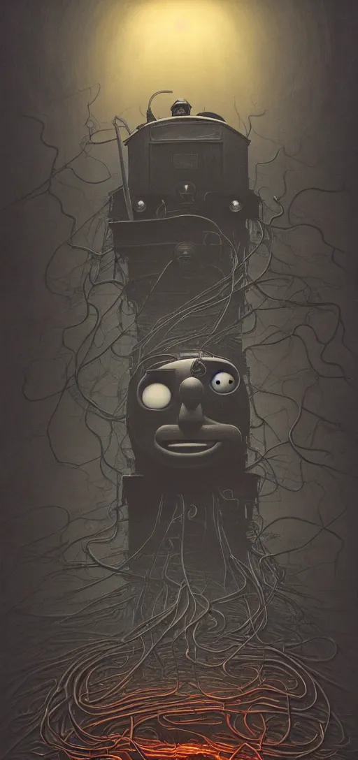 Prompt: thomas the tank engine in style of zdzisław beksinski, extremely dramatic lighting, 8 k, tendrils, black, darkness, black slime tendrils, infected, rust, body horror, thomas the train, thomas the tank engine face, horror,