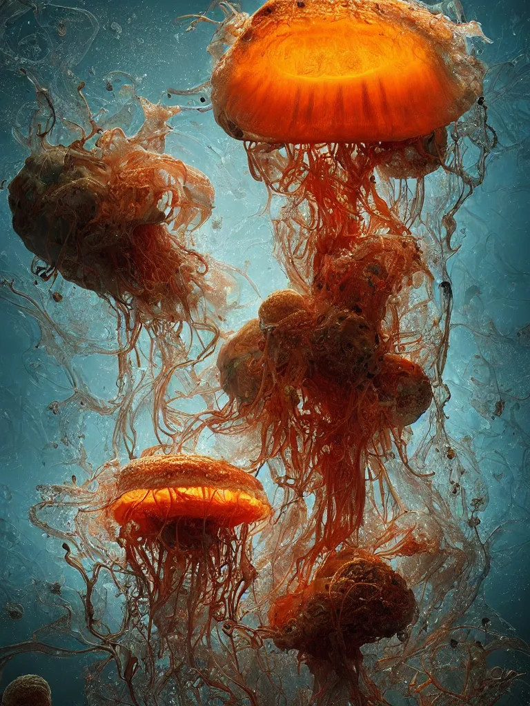 Prompt: Simulacrum of a space fungus, beautiful natural forms, jellyfish, mushroomhead, burning water, slime mold, hyphae, rhizomorphs, 8k intricate artwork octane render by Roberto Ferri, wlop, beeple, pearlescent hues