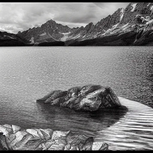 Image similar to lago di sorapis, hyper - realistic black and white drawing, hyper detailed, extreme long shot, in the style of den yakovelv