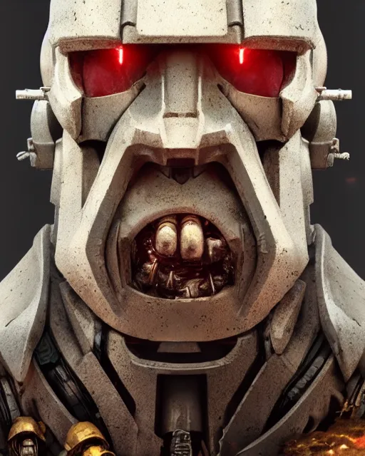 Image similar to hyper realistic portrait of heroic warhammer 4 0 k humanoid cyborg head, cinematic, chaos marine, khorne, artstation, cgsociety, full head and shoulders, greg rutkowski, james gurney, mignola, craig mullins, brom redshift, vray, octane