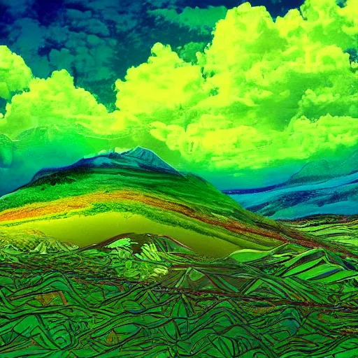 Image similar to green sky psychedelic landscape