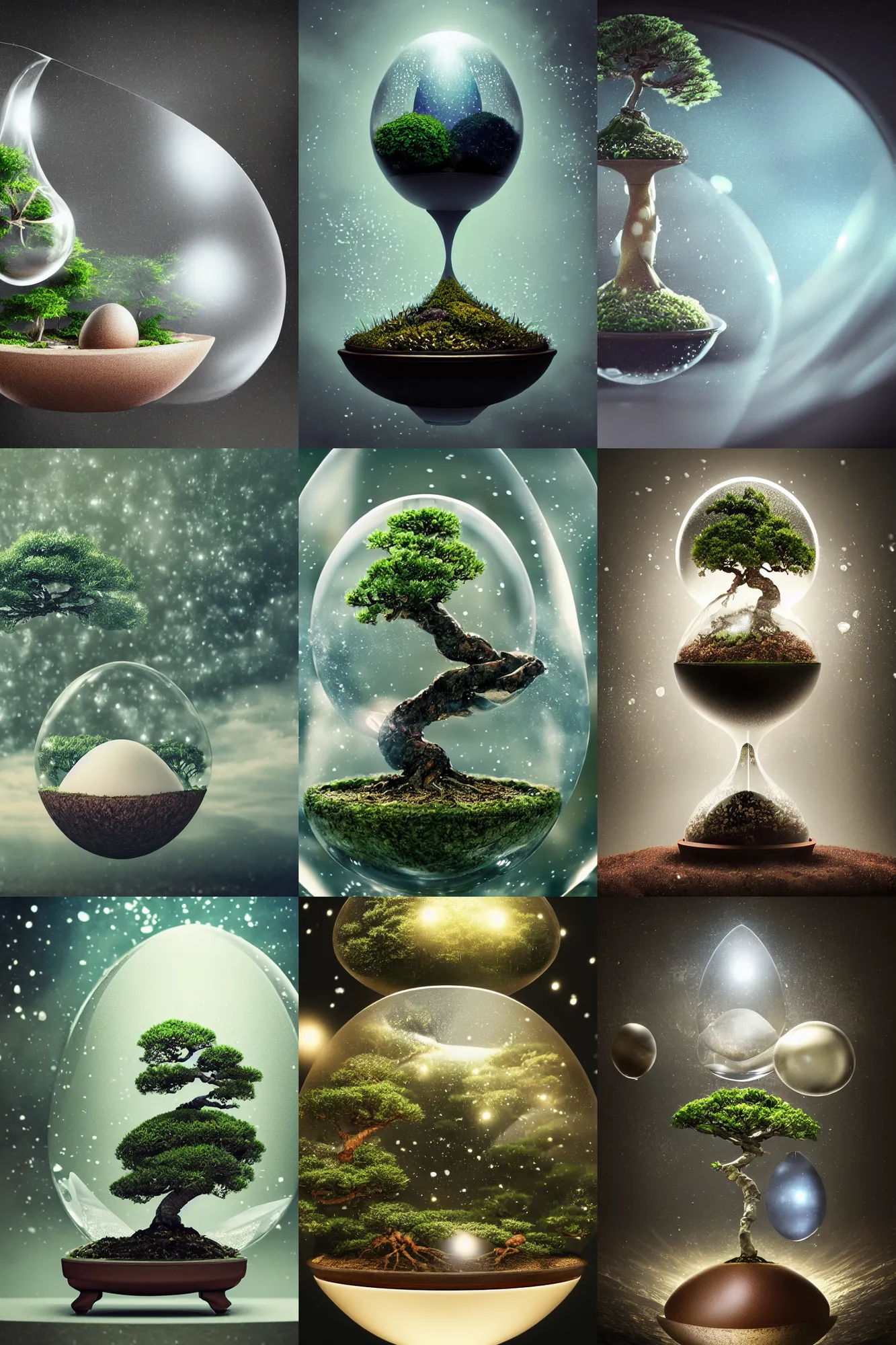 Prompt: bonsai world inside of an eggshell, hourglass, galaxy, water droplet, intricate detail, volumetric lighting, epic composition, hyper detailed, ultra realistic, sharp focus, octane render, volumetric, ray tracing,, sense of awe, swirling mist, 4 k