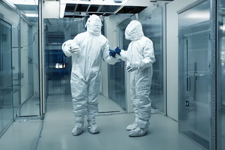 Image similar to man wearing hazmat suit in cleanroom examining alien. by Roger Deakins