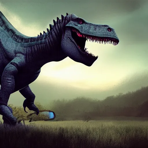 Prompt: Majestic dinosaur striding through field, eerie, lovecraftian, moody, concept art, cinematic
