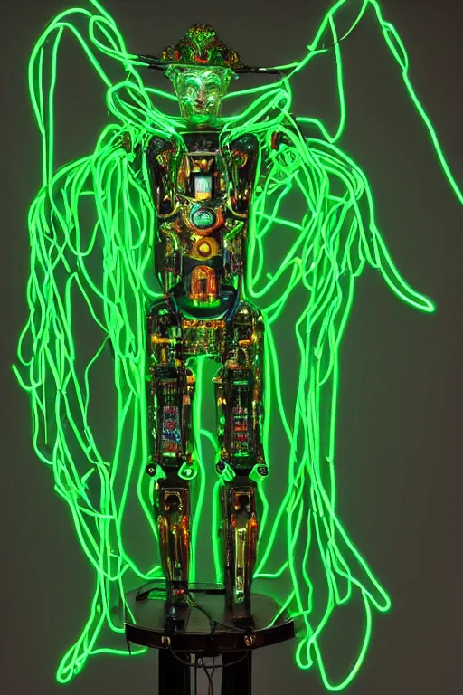 Image similar to full-body baroque and bladerunner style green neon and ceramic statue of a muscular attractive Spanish robot god humanoid wearing a see-through silk cloak sim roupa, posing like a falling model, suspended from the ceiling with thick neon cables, glowing mint face, crown of red steampunk lasers, emeralds, swirling silver silk fabric. futuristic elements. oozing glowing liquid, full-length view. space robots. human skulls. throne made of bones, intricate artwork by caravaggio. Trending on artstation, octane render, cinematic lighting from the right, hyper realism, octane render, 8k, depth of field, 3D