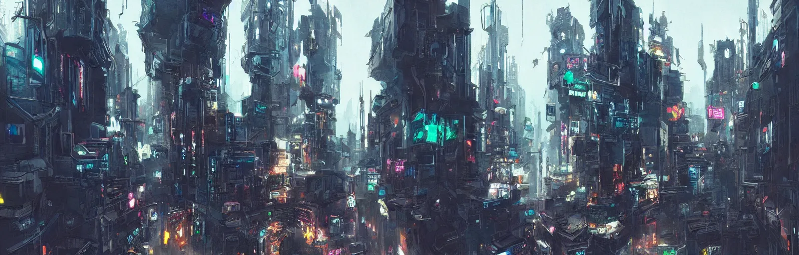 Image similar to a painting of a cyberpunk city trending on artstation in the style of greg rutkowski and banksy