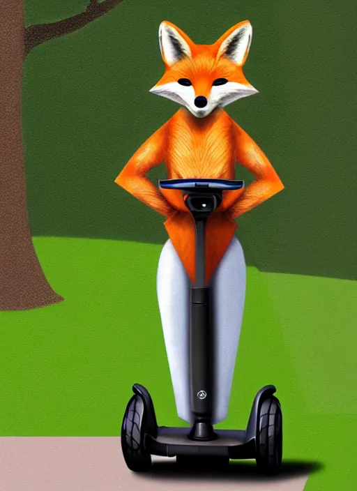 Prompt: an anthropomorphic male fox on a segway in a park, furry art, digital art, soft lighting