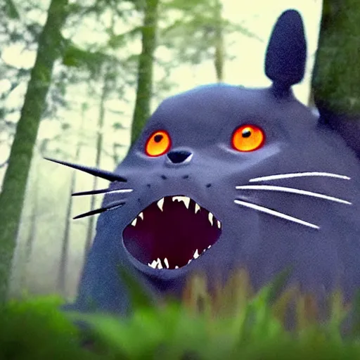 Prompt: trail cam footage of a terrifying totoro monster with fangs and glowing eyes about to attack the camera from the shadows, gothic, horror film, claws, sharp teeth, aggressive, violent, realistic,