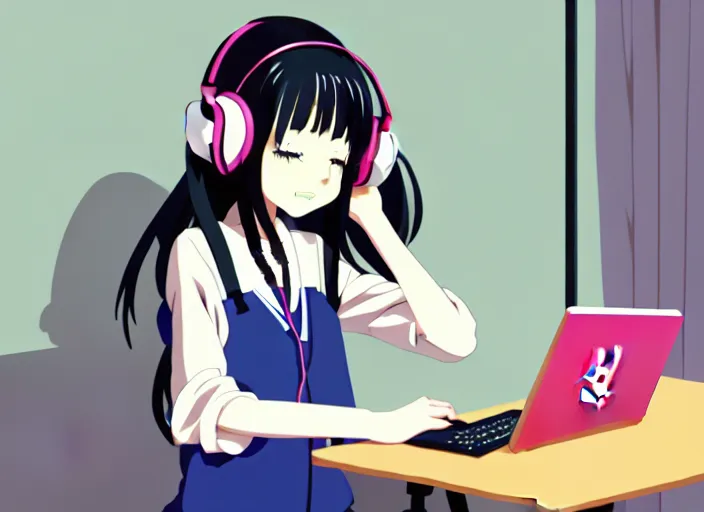 Prompt: anime visual of a japanese anime traditional lo - fi girl in her room wearing headphones and working on her laptop loop, cat, moody hipster tones, joy gaze, cute face by ilya kuvshinov, makoto shinkai, kyoani, masakazu katsura, dynamic pose, crisp and sharp, yoshinari yoh, rounded eyes, anime poster, cel shaded