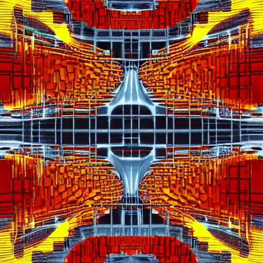 Image similar to nuclear brutalist synthetic sounds waves in infinite recursion