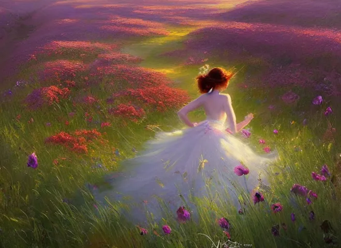 Image similar to a lone princess walks through a vast flower field in the cosmic sky by guweiz and peder mørk mønsted and delphin enjolras and vladimir volegov