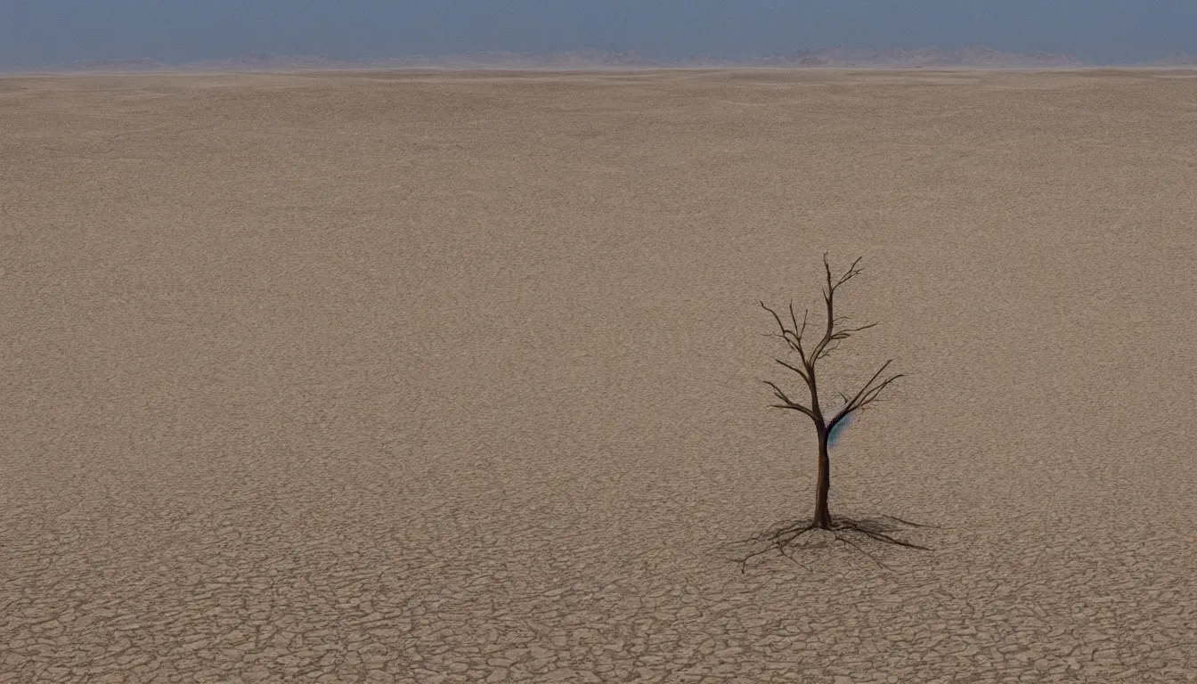 Prompt: barren desert with a single tree and large sand dunes