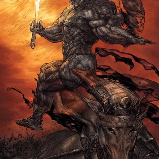 Image similar to chonky bald grey bearded ethan van sciver riding a dark horse into battle, full view, beautiful zoomed out artwork by artgerm and rutkowski, breathtaking, beautifully lit, dramatic, full view