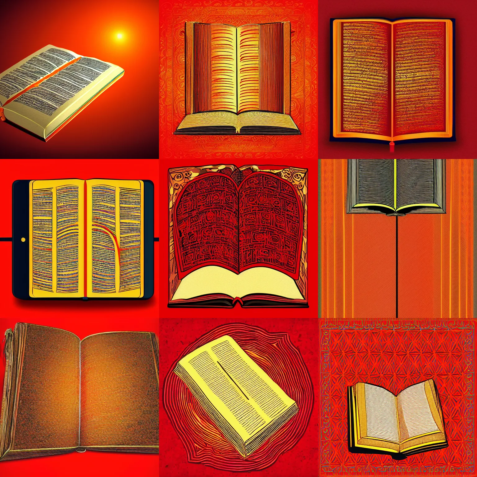 Prompt: open ancient book, golden book, surrounded by orange speed lines, red background, digital art