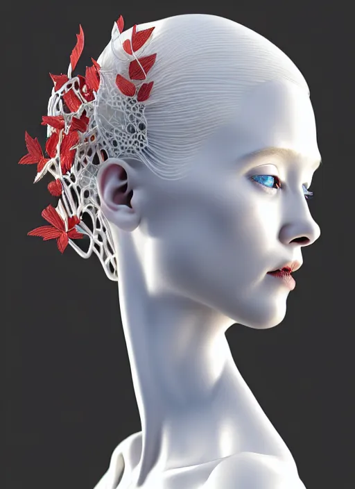 Image similar to complex 3d render ultra detailed of a beautiful porcelain profile young albino woman face, blue eyes, biomechanical cyborg, 200 mm lens, beautiful studio soft light, rim light, silver white gold red details, magnolia big leaves achromatic and stems, roots, fine foliage lace, mesh wire, Alexander Mcqueen high fashion haute couture, art nouveau fashion embroidered, intricate details, hyper realistic, ultra detailed, mandelbrot fractal, anatomical, facial muscles, cable wires, microchip, elegant, octane render, H.R. Giger style, 8k post-production, trending on Artstation