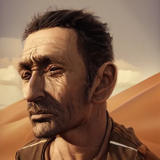 Prompt: a portrait of a man who sells me canteens warning me of the desert, artstation, cgsociety