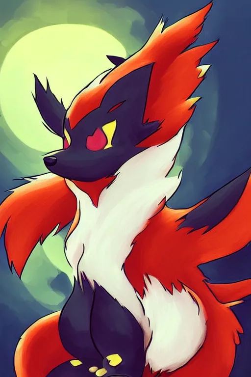 Image similar to zorua pokemon, stylised fox - like appearance, black and auburn colour pallet, thick furry neck and chest fluff, stylised 🖌 - like hair, pokemon concept art with multiple angles, super detailed, clean lines, digital art