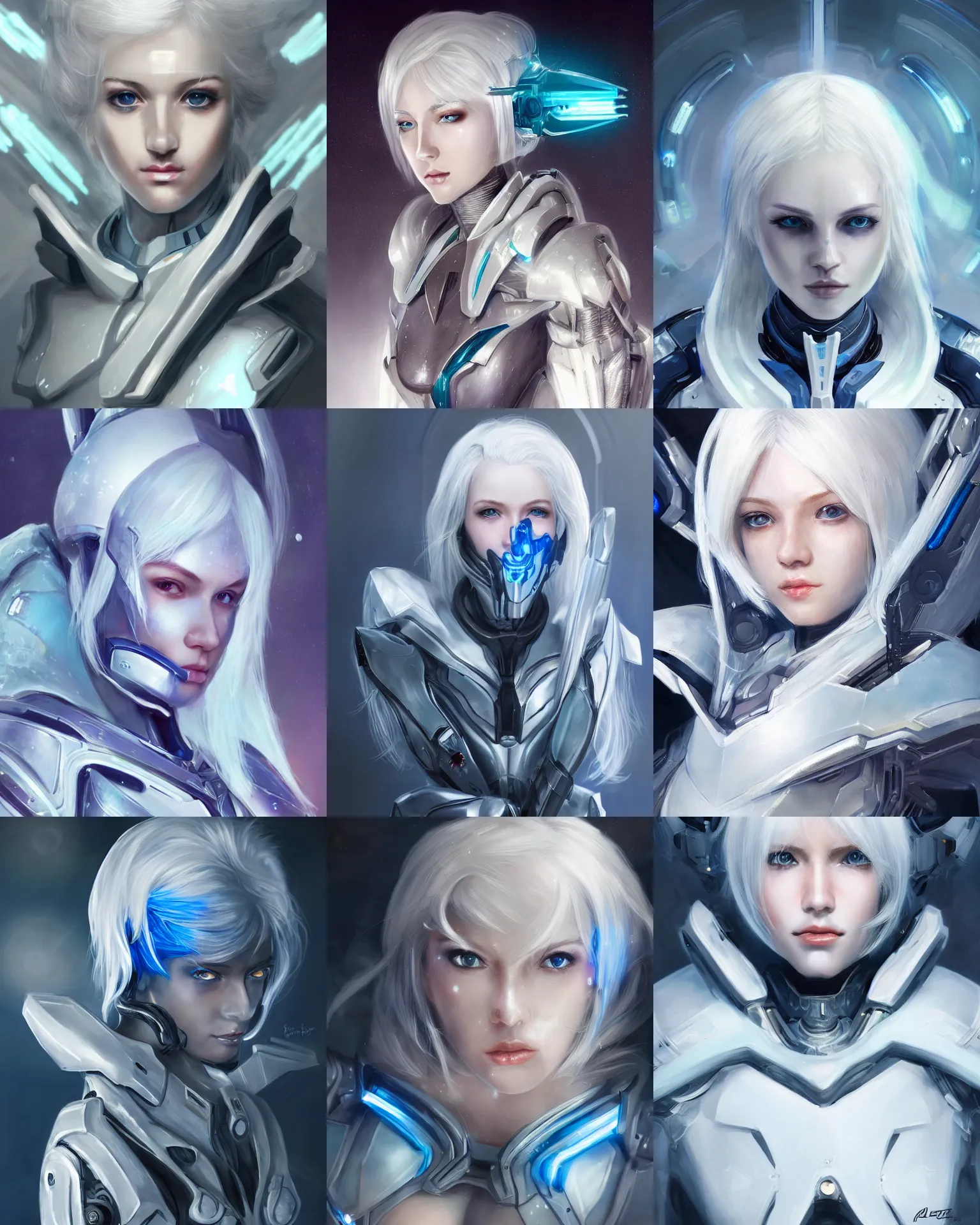 Prompt: perfect white haired girl, warframe armor, beautiful, dreamy, pretty face, blue cyborg eyes, portrait, bright light, scifi, futuristic, android, ultra realistic, space, intricate, glow, cinematic, extreme details, focused, masterpiece, art by seunghee lee, blair armitage