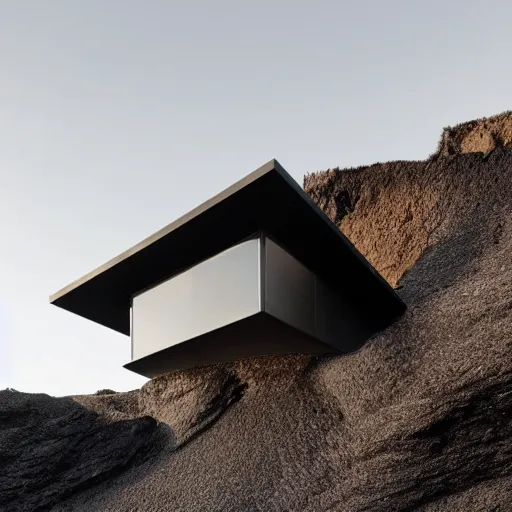 Image similar to tall black geometric house, embedded in lava cliff, full view, black house, molten metal house, minimal design, highly detailed