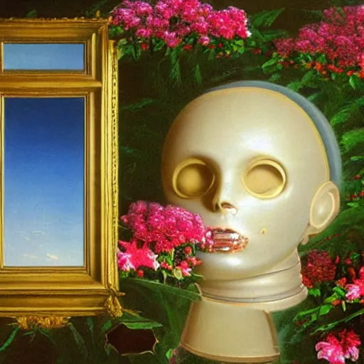 Image similar to a highly detailed painting by Thomas Cole of a vaporwave alternative reality mirror, robot head with flowers growing out, highly detailed 3d rendering from 1996