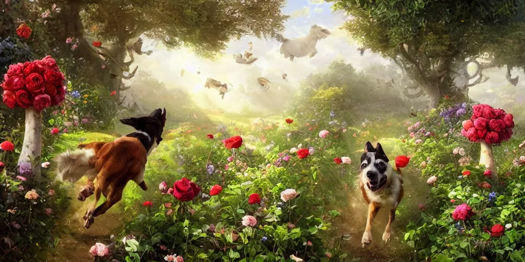 Prompt: portrait of a dog chasing sheep, running through a hedge garden of exotic flowers in the Mushroom Kingdom, giant mushrooms, and roses, from behind, streets, birds in the sky, sunlight and rays of light shining through trees, beautiful, solarpunk!!!, highly detailed, digital painting by Michael Garmash and Peter Mohrbacher