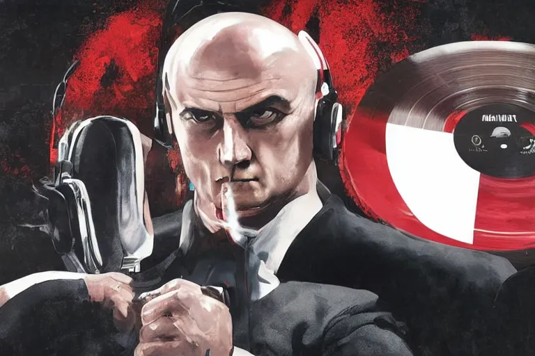 Image similar to an expressive portrait of agent 4 7 from hitman wearing headphones and putting a vinyl record onto a turntable, dark background, red rim light, digita, l