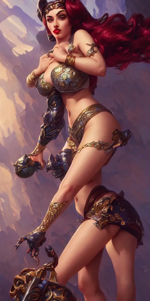 Prompt: Razane Jammal, pinup, league of legends, intricate, highly detailed, digital painting, hyperrealistic, artstation, concept art, smooth, sharp focus, illustration, Unreal Engine 5, 8K, art by artgerm and greg rutkowski and alphonse mucha, by Jesper Ejsing