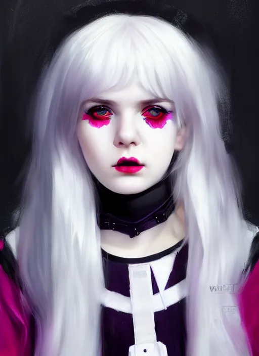 Image similar to portrait of white teenage girl, normal face, white bangs, mall goth, cyberlox, black and white hair, bangs, fluffy bangs, red contact lenses, purple lipstick, intricate, elegant, highly detailed, digital painting, artstation, concept art, sharp focus, smooth, illustration, art by wlop, mars ravelo and greg rutkowski