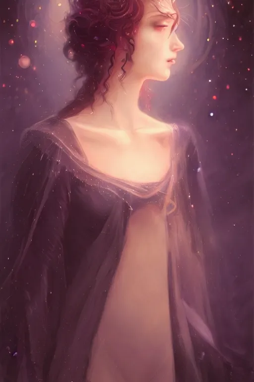 Image similar to Nocturne, glowing, stars, a long-legged occultist woman, long hair, choker, highly detailed, mysterious, ethereal, haute couture, illustration, dramatic lighting, soft details, painting, by Edmund Blair Leighton, Brom, Charlie Bowater, trending on artstation, faces by otto schmidt