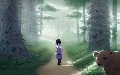 Image similar to a girl with her pet bear made of mist walking through the forest, art by hayao miyazaki, studio ghibli film, 4k, hi res, high detail