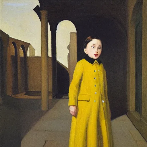 Image similar to a painting of a distant little girl with short black hair and wearing a yellow coat alone in the inner courtyard of an abbey by hopper and de chirico