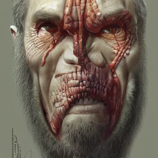 Prompt: vladimir putin, putin is bald caveman, vladimir putin awe face, toothless, saw teeth, reptile scary eyes, peeling skin, horror macabre face, clown nose, by donato giancola and greg rutkowski and wayne barlow and zdzisław beksinski, realistic face, digital art