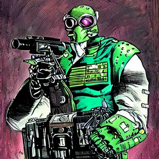 Image similar to sci - fi, dystopian bounty hunter, art by kevin eastman