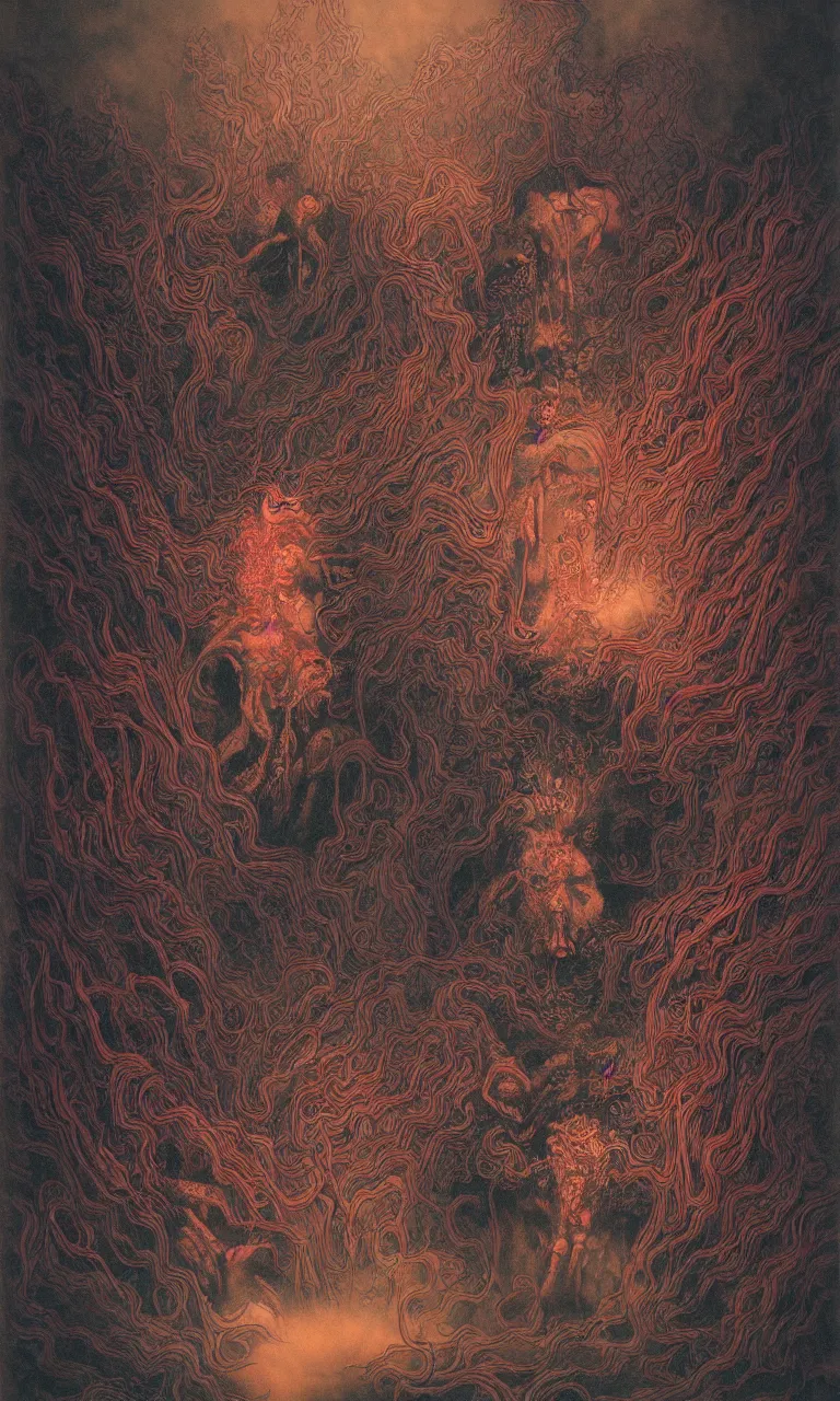 Prompt: zhongyuan festival, chinese ghost festival, king of hell, inside page of comic book, psychedelic lights and fog, in the style of zdzislaw beksinski, ayami kojima, takato yamamoto, barclay shaw, karol bak, glowing light and shadow, hyperrealist