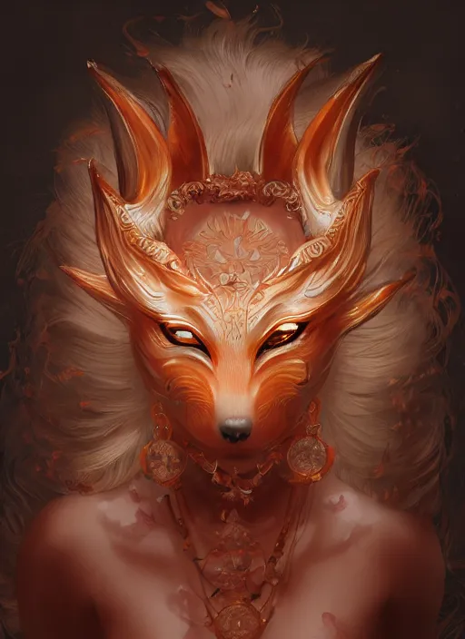 Prompt: a beautiful detailed oil on copper art illustration of a japanese kitsune mask devil beautiful woman, centered, by charlie bowater, zeng fanzh, trending on artstation, dim dusk lighting, cinematic lighting, detailed lighting, volumetric lighting, realistic, f 8, 4 k hd wallpaper