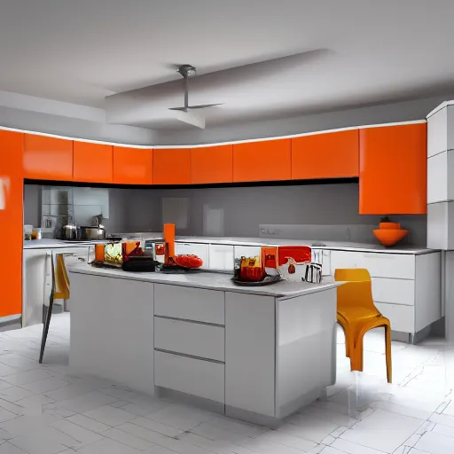 Image similar to 1970's futurist interior kitchen, furnished by aero aarino, primary colors are white, orange, yellow, and red unreal engine 8k resolution