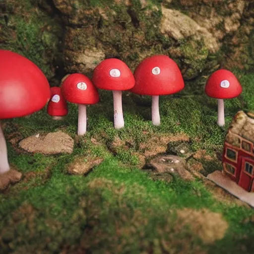 Prompt: beautiful dystopian deserted overgrown city anthropomorphic red mushroom tiny village