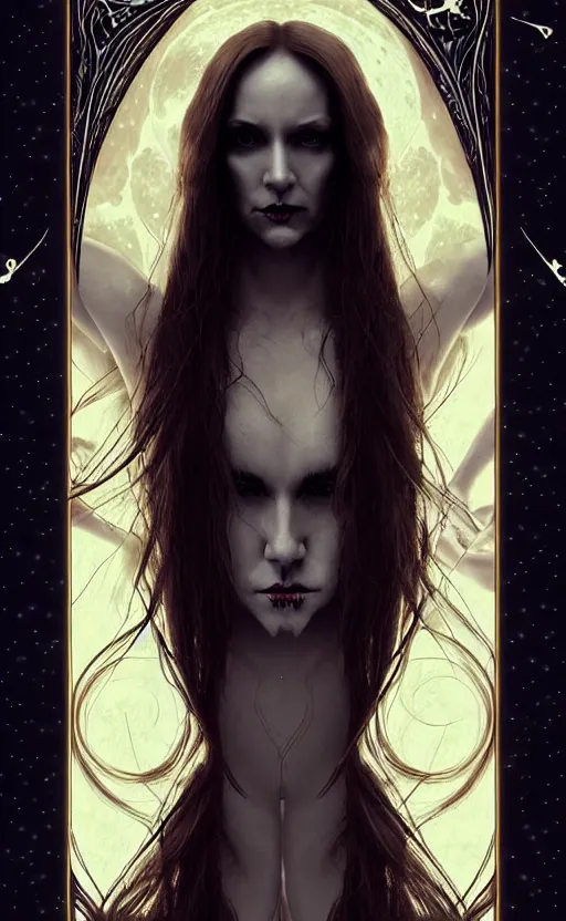 Image similar to epic professional digital tarot card of 🧛🏼🌛, ambient lighting, painted, gorgeous, stunning, symmetrical, impressive, leesha hannigan, van herpen, best on artstation, cgsociety, wlop, pixiv, stunning, gorgeous, much wow, cinematic, masterpiece