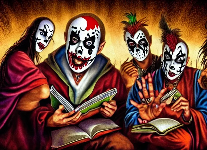 Image similar to Juggalos reading the bible, photo realistic, 8k, detailed,