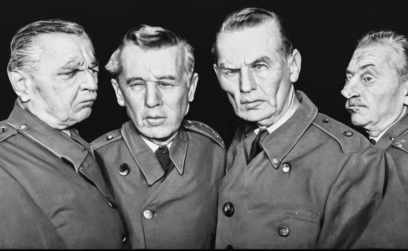 Image similar to 50s movie still close-up portrait of three individual elder soviet marshal with very diverses faces in a stalinist style hall, by Irving Penn, Cinestill 800t 50mm black and white, heavy grainy picture, very detailed, high quality, 4k, HD criterion, precise texture, facial precision, diverse haircuts, diverse ages, each faces precisely define