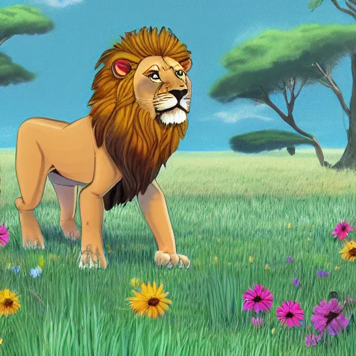 Prompt: full body lion in a meadow, Cartoon for children's book, ArtStation, sharp focus, 4k