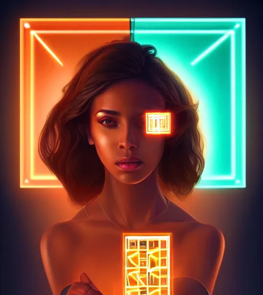 Image similar to symmetry!! spanish princess of technology, solid cube of light, hard edges, product render retro - futuristic poster scifi, lasers and neon circuits, beautiful brown skin woman spanish princess, intricate, elegant, highly detailed, digital painting, artstation, concept art, smooth, sharp focus, illustration, dreamlike, art by artgerm