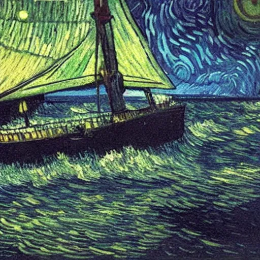 Image similar to oil painting of a flooded ship interior, light scatter, van gogh